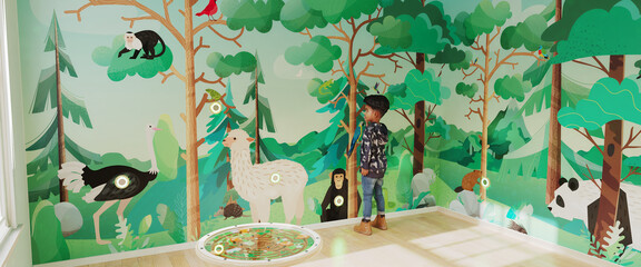 interactive wall with wall covering in play corner